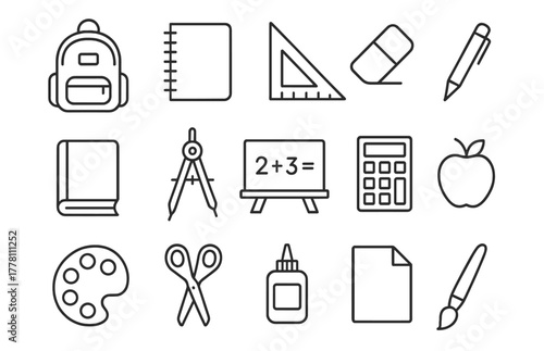 Outline icons of school supplies: backpack, notebook, ruler, pencil, calculator, apple