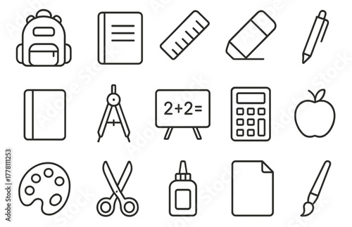 School supplies icons: backpack, notebook, ruler, eraser, pen, compass, calculator, apple
