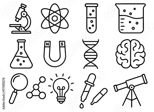Science icons set: microscope, dna, atom, magnet, brain, telescope