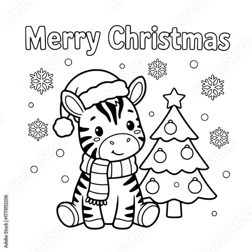 Zebra beside Christmas tree, coloring book page for toddlers Generative AI