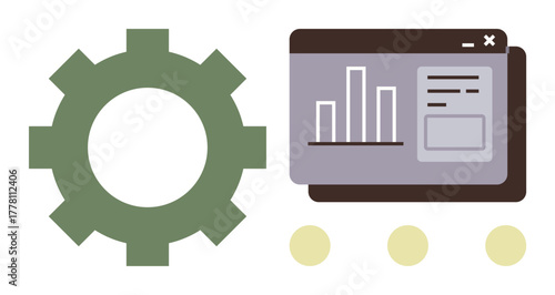 Green gear alongside a web dashboard with bar charts and data input fields, conveying optimization and analysis. Ideal for technology, development, analytics, settings, configuration, productivity