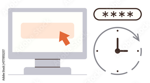 Monitor with arrow pointing to input field, password masked by asterisks, clock with arrow suggesting time urgency. Ideal for online security, login, data protection, authentication, productivity