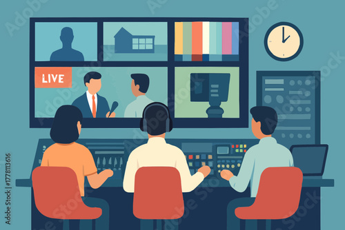 Flat vector of a television control room with staff managing screens, audio, and live feeds