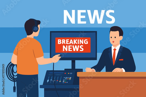 Flat vector of a technician setting up cables and screens in a TV news studio before broadcast