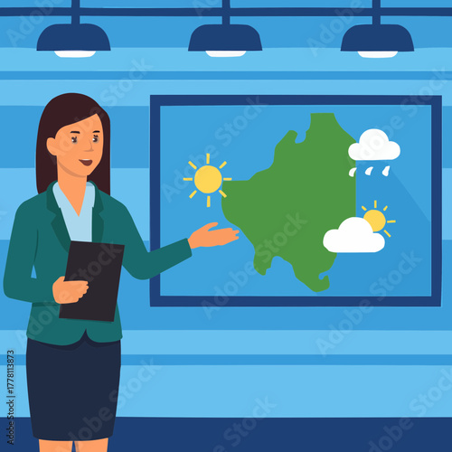  Flat vector of a weather presenter giving forecast in front of a digital map screen in a TV studio