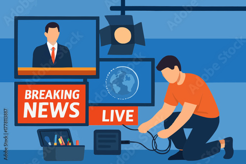 Flat vector of a news anchor conducting a remote interview via screen in a TV studio