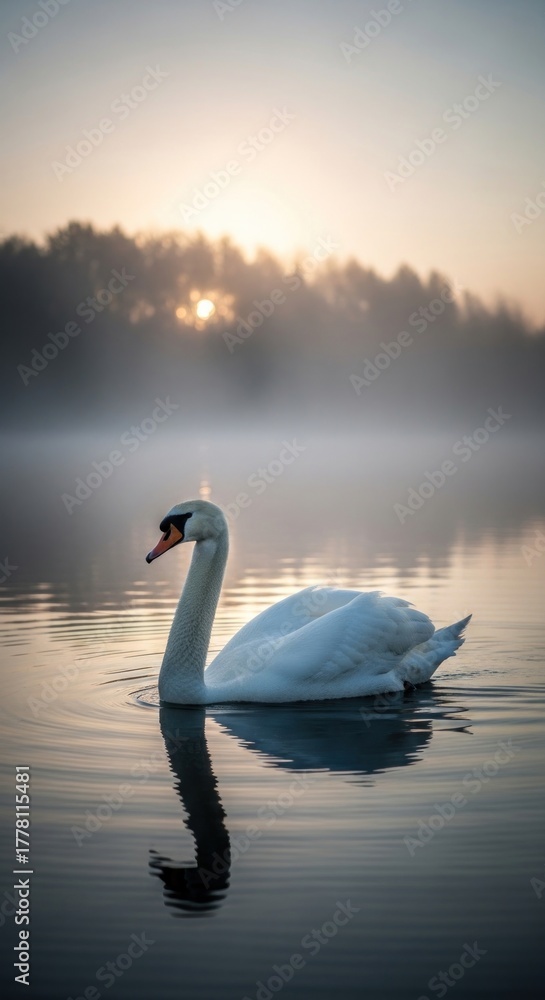 Fototapeta premium Majestic swan glides on calm water at sunrise amidst gentle mist.