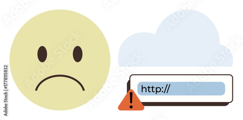 Sad face beside cloud and URL bar with warning symbol indicating error or connectivity problems. Ideal for online errors, cloud issues, downtime, troubleshooting, warning, caution, digital problems