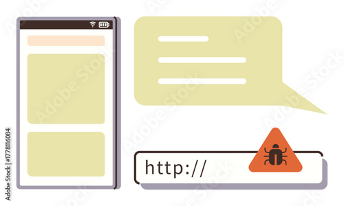 Smartphone interface, text message, and malicious link with bug warning icon. Ideal for cybersecurity, phishing awareness, online threats, data protection, digital safety, secure browsing