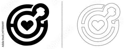 Target with heart icon vector symbol for love goal dating success relationship focus and romantic achievement in solid and outline minimal style