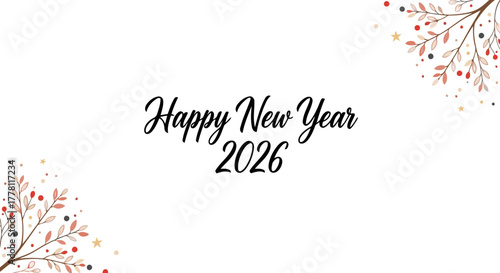 Festive New Year 2026 greeting card design with delicate floral accents
