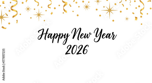 Festive 2026 New Year greeting card with golden confetti and stars design