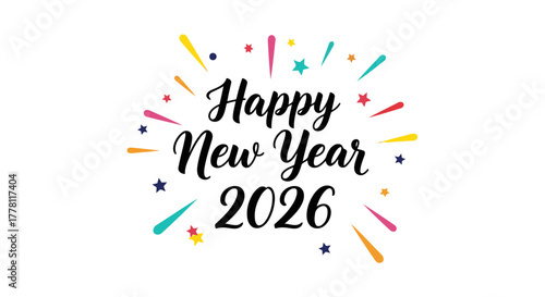 Vibrant Happy New Year 2026 greeting card with colorful celebratory confetti