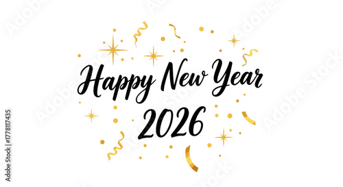Elegant Happy New Year 2026 Typography with Golden Confetti and Stars