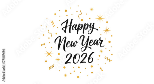 Happy New Year 2026 Celebration with Golden Confetti and Stars Design