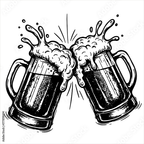 Cheers two beer mug toast splashing. Engraving style for brewery or bar menu, celebration, event, fest, graphic, poster. Vector illustration