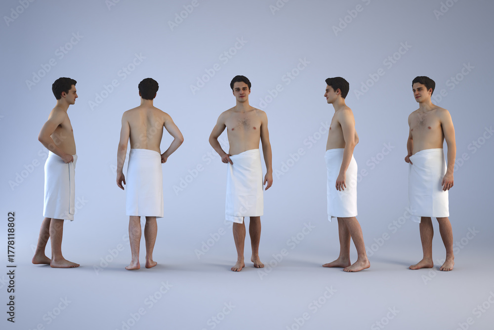 Naklejka premium Five men wearing white towels stand against a light background studio.