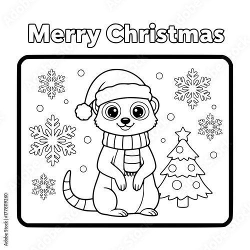 Meerkat beside Christmas tree, coloring book page for toddlers Generative AI