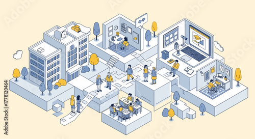 Isometric illustration concept of a blended learning environment, showing the integration of a traditional school campus with remote online education