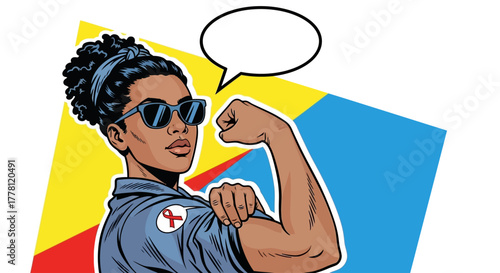Illustration of a powerful Black woman flexing her bicep in a classic pose of strength, showing support with an HIV awareness ribbon