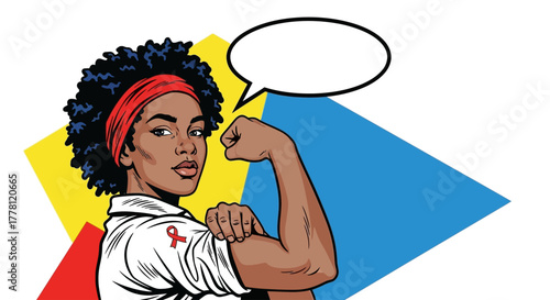 Pop art illustration of a strong African American woman flexing her arm, wearing a red ribbon for HIV/AIDS awareness and empowerment