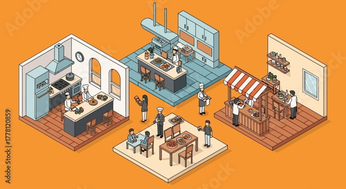 An isometric vector illustration showcasing the culinary journey from a home kitchen to a food factory, market stall, and restaurant