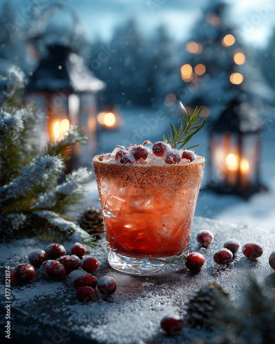 cranberry cocktail in snowy winter setting