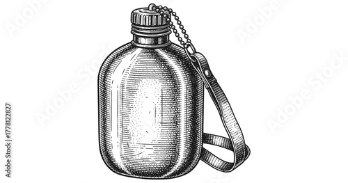 Vintage engraved metal flask with strap and chain lid in etched style