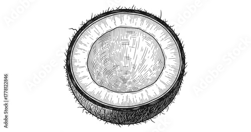 Hand drawn cross section of coconut with detailed texture on white background