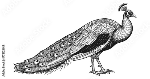 Detailed black and white engraving of majestic peacock with full tail feathers