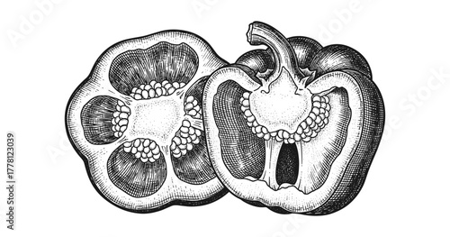 Detailed cross section of bell pepper in vintage engraving style