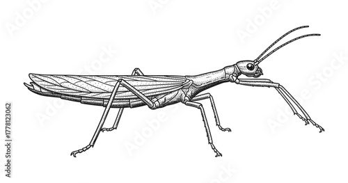 Detailed black and white mantis engraving on white background