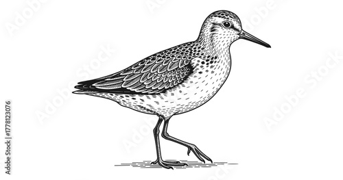 Detailed ink drawing of a sandpiper bird in side profile with intricate feather patterns