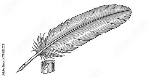 Intricate ink quill and inkwell in detailed sketch style for classic writing themes