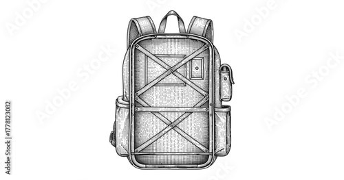 Detailed backpack sketch with straps and pockets on white background