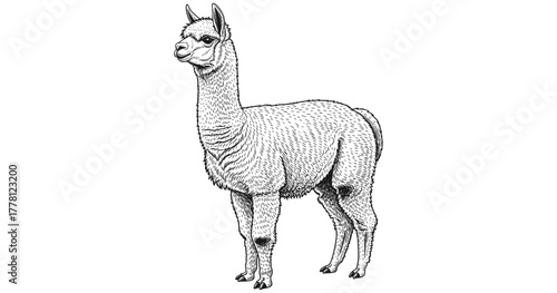 Detailed alpaca drawing in elegant vintage style with focus on texture