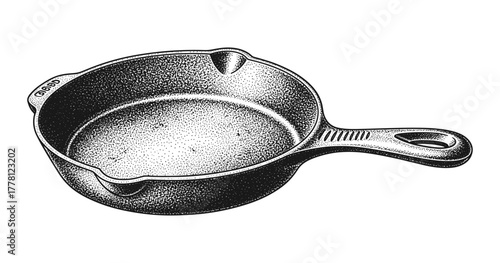 Vintage cast iron skillet with textured handle in engraved style