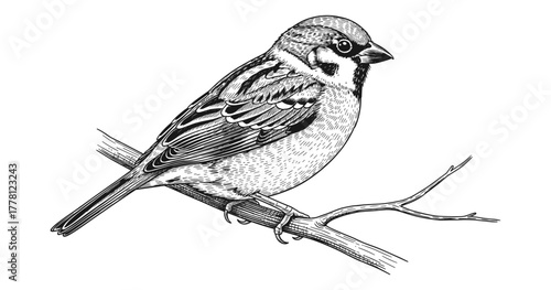 Detailed line art of a sparrow perched on a branch