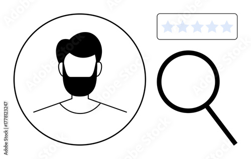 Male avatar inside a circular frame with a five-star rating box and a magnifying glass, representing user analysis, reviews, and quality assessment. Ideal for identification, evaluation, customer
