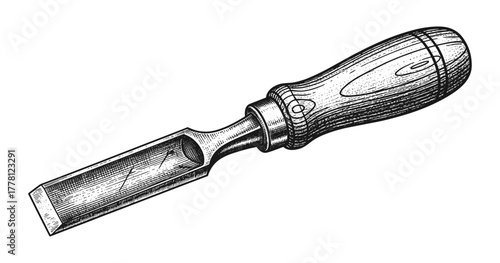 Detailed engraving of vintage woodworking chisel in monochrome