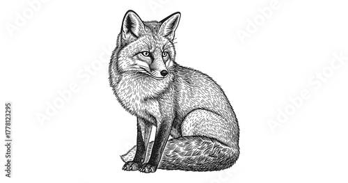 Intricate hand drawn fox in detailed black and white style