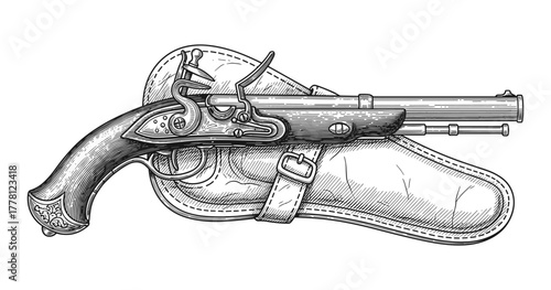 Antique flintlock pistol with holster in detailed vintage engraving style