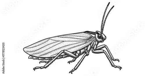 Detailed monochrome drawing of a cockroach in vintage engraving style