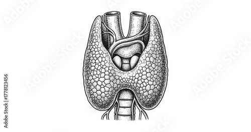 Detailed anatomical drawing of human thyroid gland with arteries and trachea