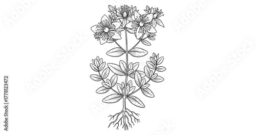 Black and white botanical drawing of flowering plant with roots