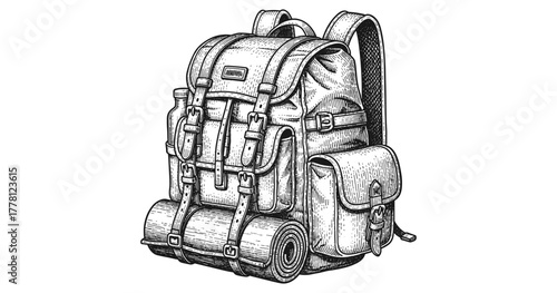 Detailed vintage backpack with camping gear and multiple pockets