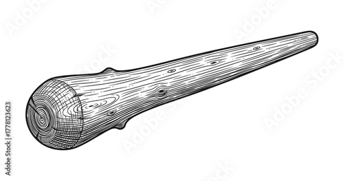 Detailed black and white drawing of wooden club with textured patterns