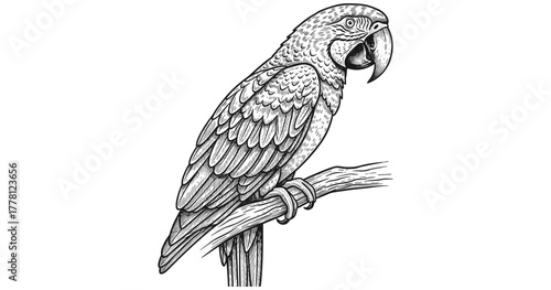 Detailed black and white parrot drawing perched on a branch