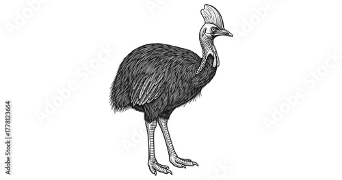 Detailed hand drawn cassowary bird with intricate feather patterns