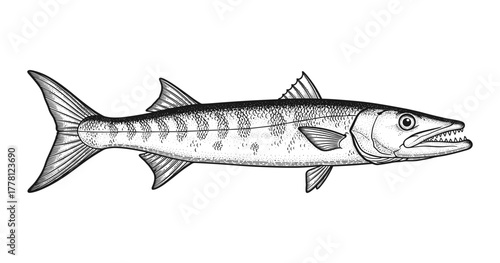 Detailed barracuda line art with monochrome style for marine design
